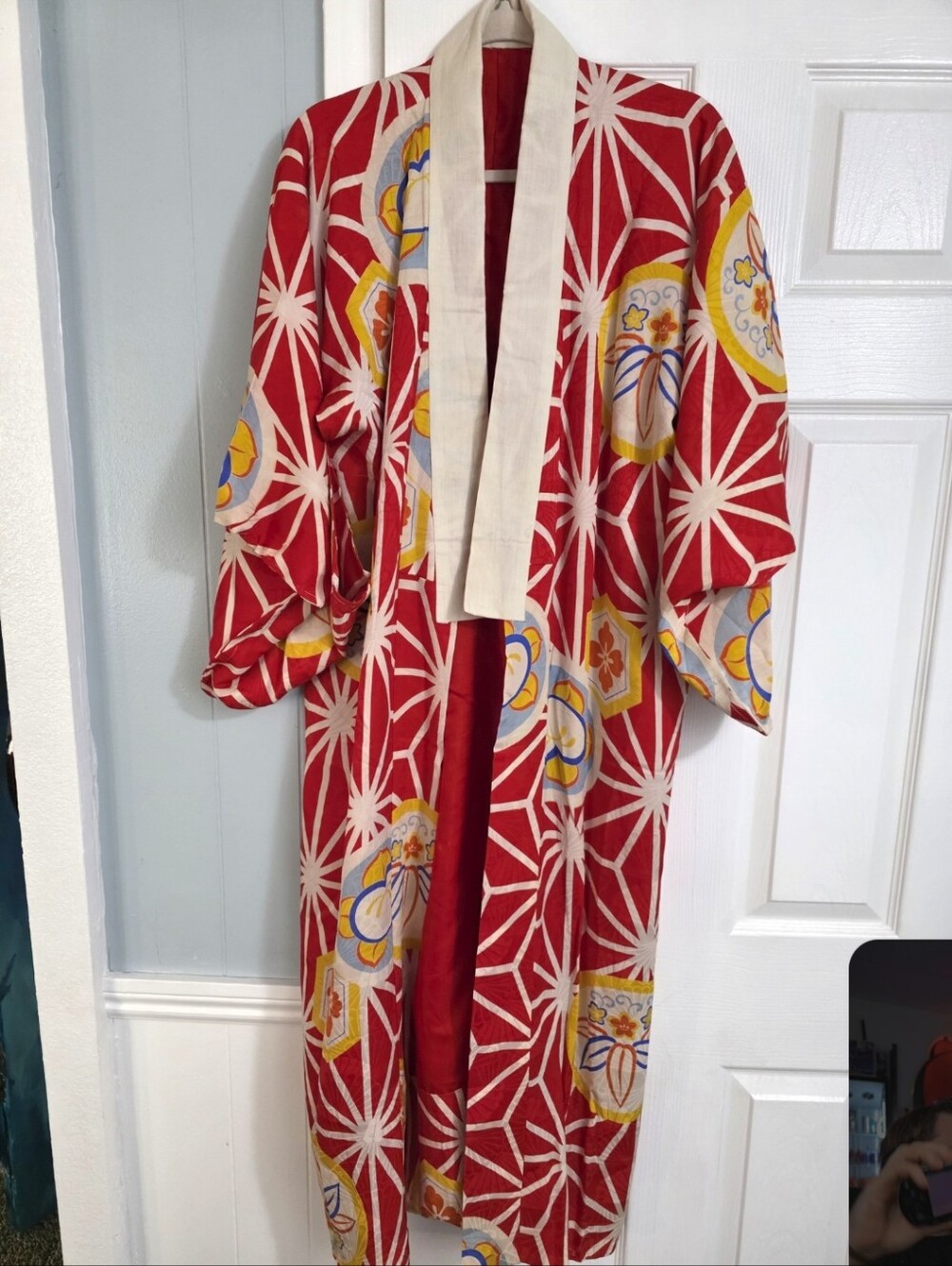 Vintage Japanese Authentic Kyoto Kimono Red Floral Jacket Cream Boho Y2K Wedding